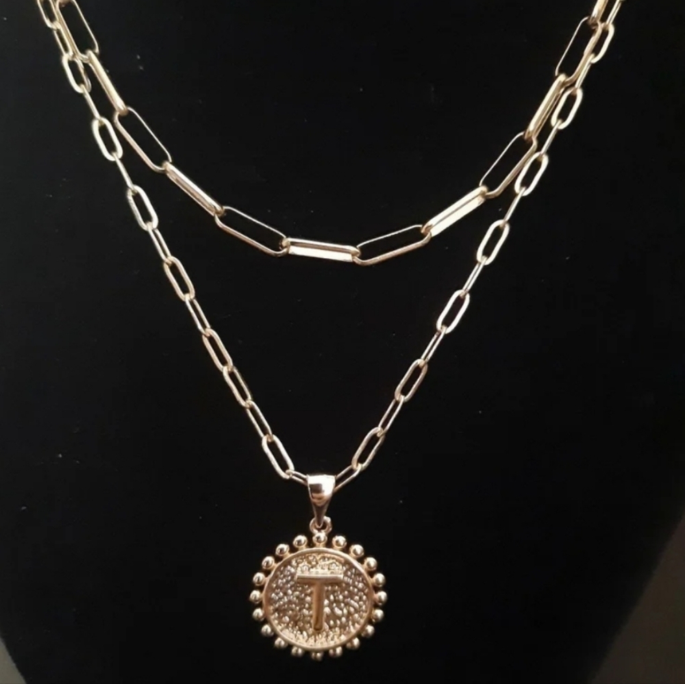 Layered Initial Necklaces - Faux gold necklace set with initial T